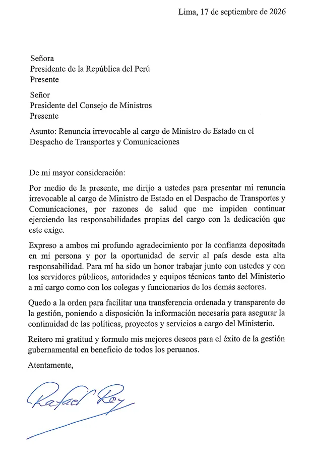 La Presidencia del Consejo de Ministros informa que ha recibido la carta de renuncia del ministro de Transportes y Comunicaciones, Rafael Rey, por motivos de salud.